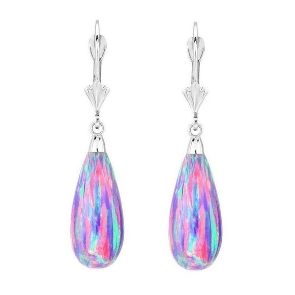 14K White Gold Teardrop Purple Fire Opal Leverback Dangle Earrings